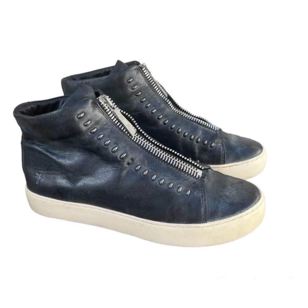 Frye Rebel Black Zip Leather High-Top Sneakers Silver Studs